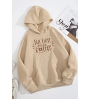 Unisex Oversize But First Coffee Baskılı Sweatshirt (Bej)