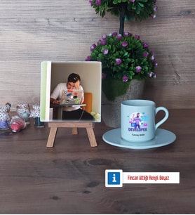 Developer Fotoğraflı Dekoratif Taş, Ahşap Altlıklı Türk Kahvesi Fincanı Hediye (Model 2)