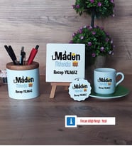 Maden Mühendisi Hediye Seti Dekoratif Taş, Kalemlik, Ahşap Altlıklı Türk Kahvesi Fincanı, Ahşap Anahtarlık Hediye (Model 9)