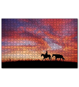 Cakapuzzle Günbatım Kovboy ve İki At Silüeti  Puzzle Yapboz MDF (Ahşap) (255 Parça)