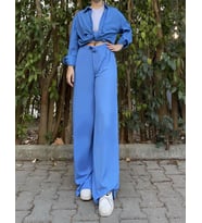 Betimoda Kadın Beli Lastikli Bol Paça Oversize Bürümcük Kumaş Uzun Pantolon BM.Kdn  (Mavi)
