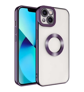 Apple iPhone 14 Kılıf Case, Logo Showing Serisi, Şeffaf, Kamera Korumalı, Logo Gösteren Renkli Çizgi Tasarım (Mor)