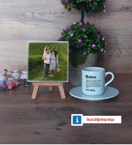 Baba Fotoğraflı Dekoratif Taş, Ahşap Altlıklı Türk Kahvesi Fincanı Hediye (Model 2)