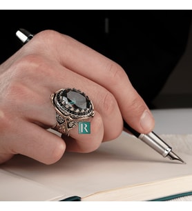 925 Gümüş Erkek Yüzük Topaz ve Zümrüt yeşili zirkon taşı yüksek kaliteli mücevher yüzük (Füme)
