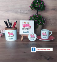 Psikoloji Öğretmeni Hediye Seti Dekoratif Taş, Kalemlik, Ahşap Altlıklı Türk Kahvesi Fincanı, Ahşap Anahtarlık Hediye (Model 6)