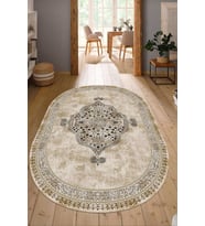 Dijital Baskılı Kaymaz Taban Yıkanabilir Oval Salon Halısı Mutfak Halısı Yolluk NDO-SD-443 (Krem)
