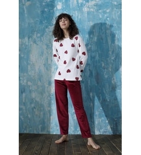 Kadın Bisiklet Yaka İnterlok Pamuklu Üst Kadife Alt Kışlık Pijama Eşofman Takımı (Bordo)