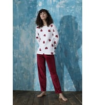 Kadın Bisiklet Yaka İnterlok Pamuklu Üst Kadife Alt Kışlık Pijama Eşofman Takımı (Bordo)