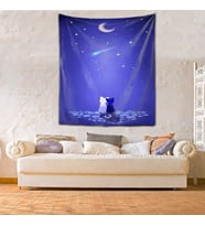 Kedi Ay Desenli Yıkanabilir Leke Tutmaz Mikropetek Kumaş Duvar Örtüsü Duvar Halısı Tapestry (Mavi)