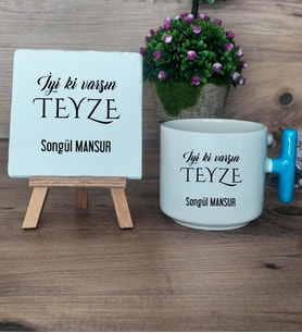 İyi Ki Varsın Teyze Hediye Seti Kupa Bardak T Kulplu ve Dekoratif Taş Teyzeye Doğum Günü Hediyesi (Model 3)