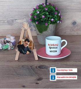 Psikoloji Öğretmeni Türk Kahvesi Fincanı Ahşap Altlıklı ve Fotoğraflı Ahşap Anahtarlık Hediye Öğretmenler Günü Hediyesi (Model 6)