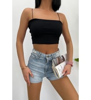 Kadın Slim Fit Kare Yaka İp Askılı Fitilli Crop Büstiyer (Siyah)