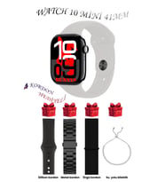 Samsung Galaxy M31 Prime Uyumlu Açık Mavi Akıllı Saat Watch 10 Mini Kordon Hediyeli AMOLED EKRAN 41MM (Siyah - Taş) (Siyah-Taş)
