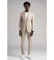 SİR Regular Fit Yarım Astarlı %100 Linen (Keten) Kumaş Takım Elbise (Krem)