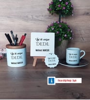 Dedeye Hediye Hediye Seti Dekoratif Taş, Kalemlik, Ahşap Altlıklı Türk Kahvesi Fincanı, Ahşap Anahtarlık Hediye (Model 7)