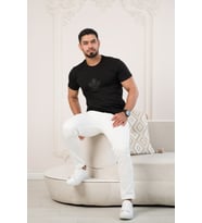 Paul Martin Bisiklet Yaka Önü Baskılı Pamuklu Basic Regular Fit T-shirt (Siyah)