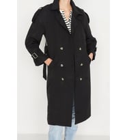 Tasarım Düz Astarlı Yaka Uzun Oversize Ceket Kadın Oversize Kuşaklı Trençkot (Siyah)