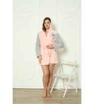Fawn 3609 Kapüşonlu Welsoft Peluş Yumoş Panda Nakışlı Kadın Sabahlık (Toz Pembe)