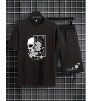 AMOR MAN ÖZEL TASARIM KURU KAFA GÜL BASKILI OVERSİZE SOKAK STİLİ ERKEK T-SHIRT ŞORT TAKIMI (Siyah)