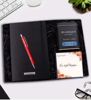 Kişiye Özel Siyah Defter & Gümüş Renk Detaylı Tükenmez Kalem & Selamlıque Türk Kahvesi Hediye Seti (Model 1)
