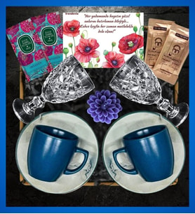 ( Renk Seçenekleri Vardır ) Premium Kahve Fincanı & Kristal Bardak & Lotus Mum & Özel Tasarım Hediye Kartı (Mavi)