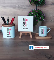 Halaya Hediye Hediye Seti Dekoratif Taş, Kalemlik, Ahşap Altlıklı Türk Kahvesi Fincanı Hediye (Model 1)