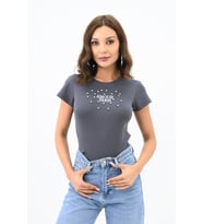 Kadın Taş İşlemeli Nakış Detaylı T-shirt 1774-25 (Antrasit)