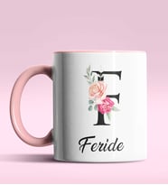 Kişiye Özel F Harfi Temalı Gül Tasarım Siyah Renk Kupa (Pembe)