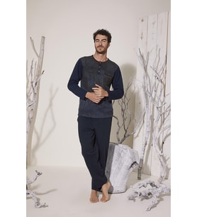 KLY 8026 Erkek Pamuklu Orta Kalın Uzun Kollu Yaka Reçme Pijama Takım