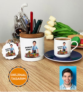 Kişiye Özel Karikatürlü Diyetisyen Hediye Seti Türk Kahvesi Fincanı, Kalemlik, Anahtarlık Diyetisyenler Günü Hediyesi Erkek Diyetisyene Hediye (Lacivert)