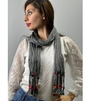 AHŞAP BONCUKLU PENYE KADIN FULAR BOYUN ŞALI 160X40 CM (Gri)