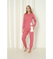 Fawn 4002 İnterlok Kışlık Tavşanlı Kadın Ev Pijama Takımı (Fuşya)