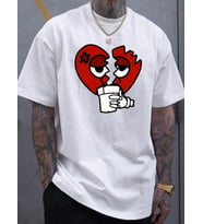 Unisex Kırık Kalp bardak Baskılı Oversize Tshirt (A.Beyaz)