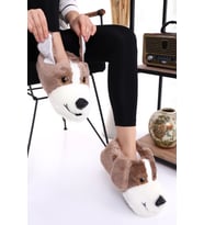 Hayvanlı Peluş H10 Erkek Ev Pandufu Ev Ayakkabısı Terliği Köpekli (Kahverengi)