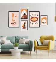 5'li Ahşap Lamine Çerçeveli Mdf Tablo Seti Turuncu Boho Tasarım (Siyah)