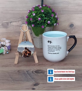 Eşe Hediye Kupa Bardak Beyaz ve Fotoğraflı Ahşap Anahtarlık Hediye (Model 10)