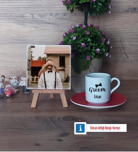 Groom Fotoğraflı Dekoratif Taş, Ahşap Altlıklı Türk Kahvesi Fincanı Hediye (Model 3)