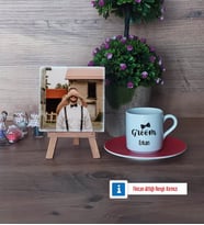 Groom Fotoğraflı Dekoratif Taş, Ahşap Altlıklı Türk Kahvesi Fincanı Hediye (Model 3)