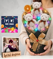 Doğum Günü Hediyesi Renkli Led Işıklı Fotoğraflı Gri Peluş Ayıcıklı Büyük Boy Ayıcık Buketi