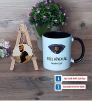 Özel Güvenlik Görevlisi Kupa Bardak Beyaz ve Fotoğraflı Ahşap Anahtarlık Hediye (Model 11)