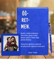 Öğretmenler Gününe Deri Özel Defter + Ahşap Çerçeve Hediye (Mavi)