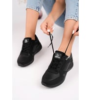 Muggo Asel Garantili Kadın Ortopedik Günlük Bağcıklı Yandan Fermuarlı Rahat Sneaker Spor Ayakkabı (Siyah)