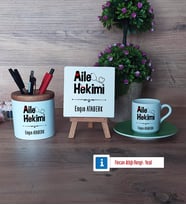 Aile Hekimi Hediye Seti Dekoratif Taş, Kalemlik, Ahşap Altlıklı Türk Kahvesi Fincanı Hediye (Model 9)