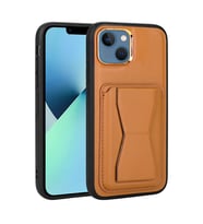 Apple iPhone 13 Kılıf Kartlıklı Standlı ?Suni Deri Memo Kılıf (Açık Kahverengi)