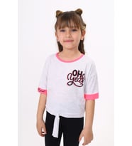 Toontoy Kız Çocuk Önü Bağlama Detaylı Baskılı Tişört ( Gri-Melanj)