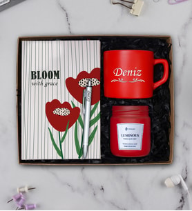 Kişiye Özel  Nescafe Fincanı, Tükenmez Kalem,Kokulu Cam Mum, Defter Hediye Seti (Kırmızı)