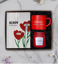 Kişiye Özel  Nescafe Fincanı, Tükenmez Kalem,Kokulu Cam Mum, Defter Hediye Seti (Kırmızı)