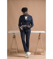 Carutte Slimfit Sivri Yaka Çift Pileli Dokulu Kumaş Kruvaze Takım Elbise (Lacivert)