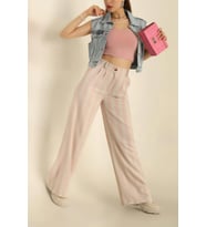VıoShıne Kadın Çizgili Bol Paça Keten Pantolon (Pembe)