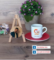 Grafiker Türk Kahvesi Fincanı Ahşap Altlıklı ve Fotoğraflı Ahşap Anahtarlık Hediye (Model 3)